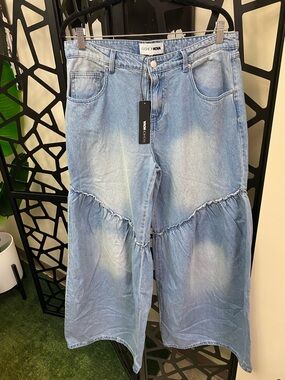 Fashion Nova Light Blue Tiered Wide Leg Jeans